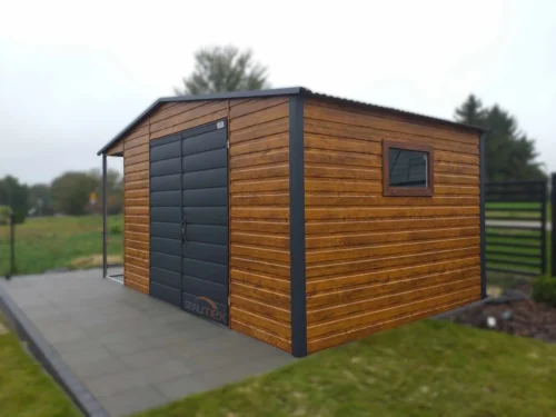 Zahradní domek 5x3 m Zlatý dub / RAL 7016 Antracit | Boční přístřešek 1 m | Okno | Zesílená konstrukce