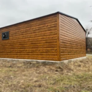 Plechová garáž 5x5m Zlatý dub / RAL 7016 Antracit | Vrata s pohonem | Dílenská zóna | Zesílená konstrukce