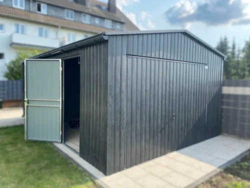 Plechová garáž 4x6m Grafit dekor dřeva | Zvýšená 2,70m | Okapy a Okno | Zesílená konstrukce
