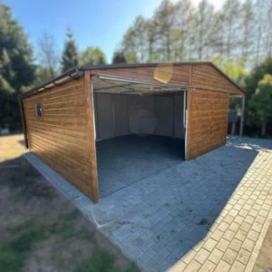 Plechová dvojgaráž 8x6m Zlatý dub | Garáž 6m + Přístřešek 2m | Filc a Okapy | Zesílená konstrukce