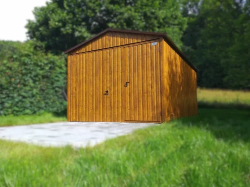 Plechová garáž 3x5m Zlatý dub | Výklopná vrata s průchodem | Zesílená konstrukce