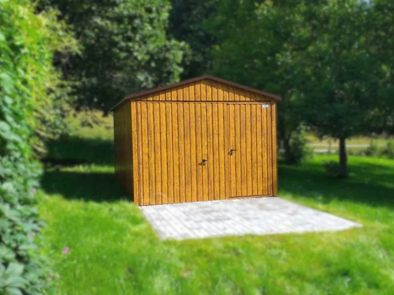 Plechová garáž 3x5m Zlatý dub | Výklopná vrata s průchodem | Zesílená konstrukce
