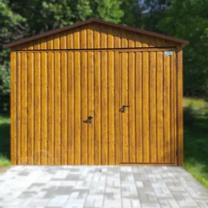 Plechová garáž 3x5m Zlatý dub | Výklopná vrata s průchodem | Zesílená konstrukce