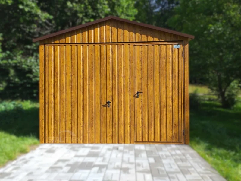 Plechová garáž 3x5m Zlatý dub | Výklopná vrata s průchodem | Zesílená konstrukce