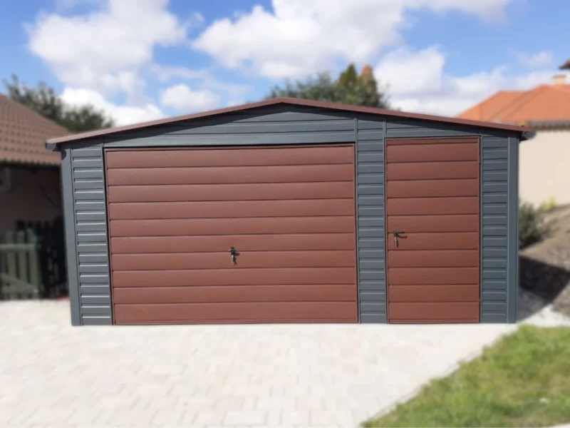 Plechová garáž 5x5m BTX 7016 Antracit Mat / BTX 8017 Hnědá Mat | Dveře a Okapy | Zesílená konstrukce