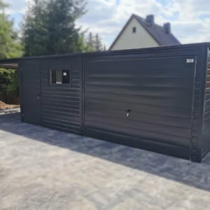 Plechová garáž s přístřeškem 9x5m RAL 7016 Antracit | Výklopná vrata | 4x Okno a 2x Dveře | Zesílená konstrukce