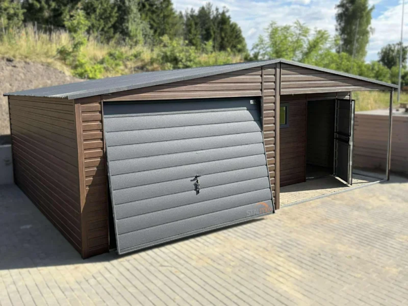 Plechová garáž s výklenkem 7x5m Ořech / RAL 7016 Antracit | Dveře a Okno | Zesílená konstrukce