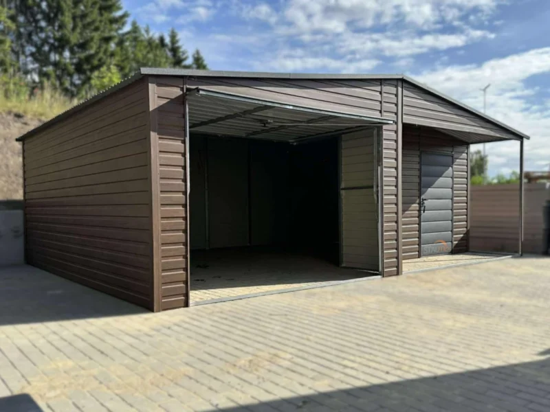 Plechová garáž s výklenkem 7x5m Ořech / RAL 7016 Antracit | Dveře a Okno | Zesílená konstrukce