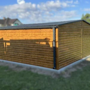 Plechová garáž 6x5m Zlatý domek / RAL 7016 Antracit | Výklopná vrata | Dveře a 2 okna | Okapy | Zesílená konstrukce