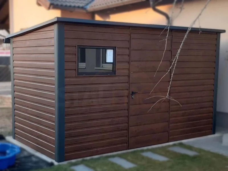 D70-1 Zahradní domek 4x2 m Ořech dekor dřeva | Okno a Okapy | Zesílená konstrukce