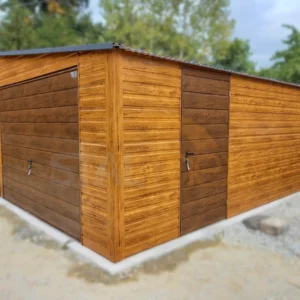 Plechová dvojgaráž 7x6m Zlatý dub / Ořech | 2x Vrata + Dveře | Filc | Zesílená konstrukce