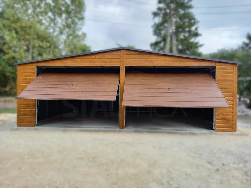 Plechová dvojgaráž 7x6m Zlatý dub / Ořech | 2x Vrata + Dveře | Filc | Zesílená konstrukce