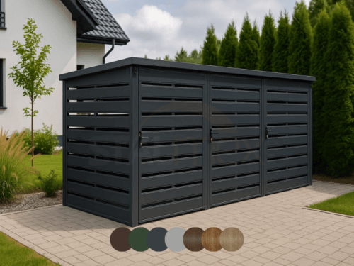 Modulární přístřešek na odpadky [Výběr barev] Třímodulový | Modul BOX 1 (3x 1100l) | Profilované lamely | Zinkovaný profil uzavřený