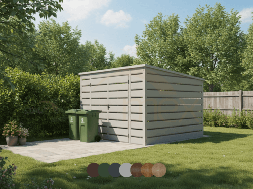 Přístřešek na popelnice 3x3m [Varianty] | Horizontální profilované lamely | Dvoukřídlá vrata | Zinkovaný profil uzavřený