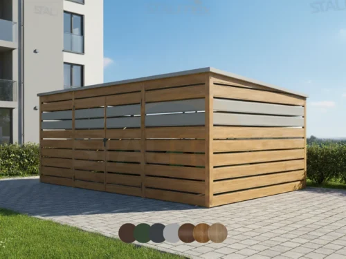 Přístřešek na popelnice 5x3m [Varianty] | Horizontální profilované lamely | Dvoukřídlá vrata | Zinkovaný profil uzavřený