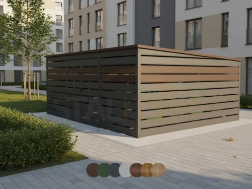 Přístřešek na popelnice 5x4m [Varianty] | Horizontální profilované lamely | Dvoukřídlá vrata | Zinkovaný profil uzavřený