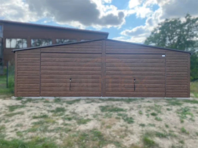 Plechová dvojgaráž 8x5 m Ořech | 2x Výklopná vrata | 2x Okno | Okapy | Zesílená konstrukce