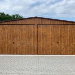 Plechová dvojgaráž 6×5 m Zlatý dub | Sedlová střecha | 2x Výklopná vrata