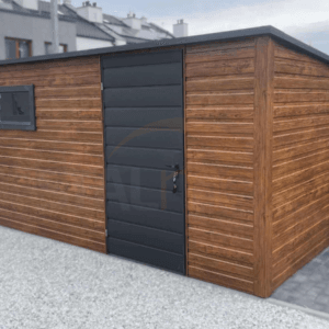 Zahradní domek 4,5×2,5 m Zlatý dub / RAL 7016 Antracit | Okno | Filc a Okapy | Zesílená konstrukce