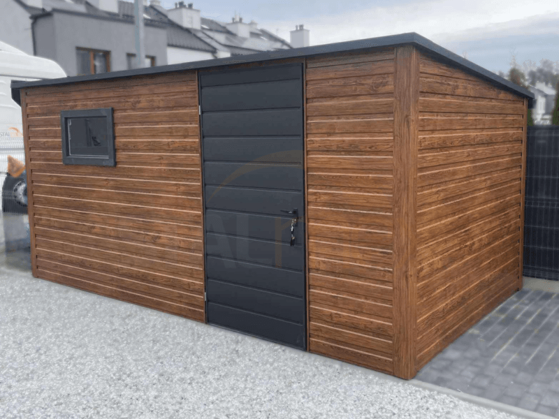 Zahradní domek 4,5×2,5 m Zlatý dub / RAL 7016 Antracit | Okno | Filc a Okapy | Zesílená konstrukce