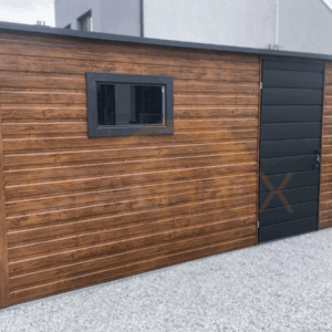 Zahradní domek 4,5×2,5 m Zlatý dub / RAL 7016 Antracit | Okno | Filc a Okapy | Zesílená konstrukce