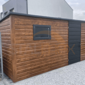 Zahradní domek 4,5×2,5 m Zlatý dub / RAL 7016 Antracit | Okno | Filc a Okapy | Zesílená konstrukce