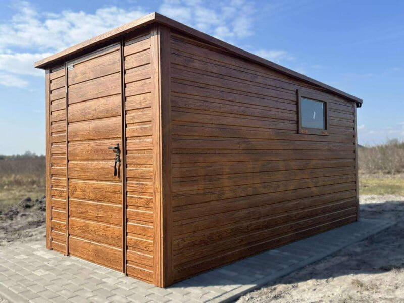 Zahradní domek 2×3,5 m Zlatý dub | Úzké čelo 2m | Okapy a Okno | Zesílená konstrukce