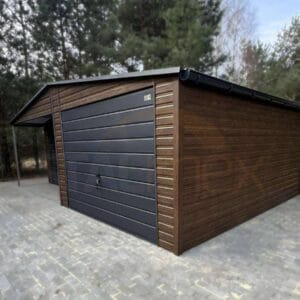 Plechová garáž s výklenkem 7x5m Ořech / RAL 7016 Antracit | Dveře a Okno | Filc a Okapy | Zesílená konstrukce