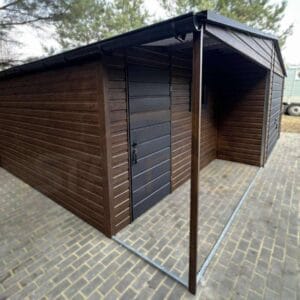 Plechová garáž s výklenkem 7x5m Ořech / RAL 7016 Antracit | Dveře a Okno | Filc a Okapy | Zesílená konstrukce