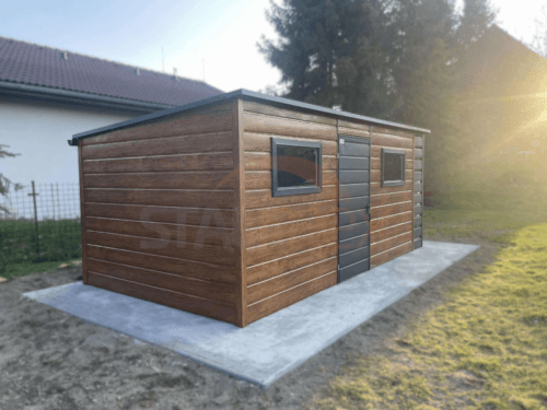 Zahradní domek s přístřeškem 5,5×3 m Zlatý dub / RAL 7016 Antracit | Okna a Okapy | Zesílená konstrukce